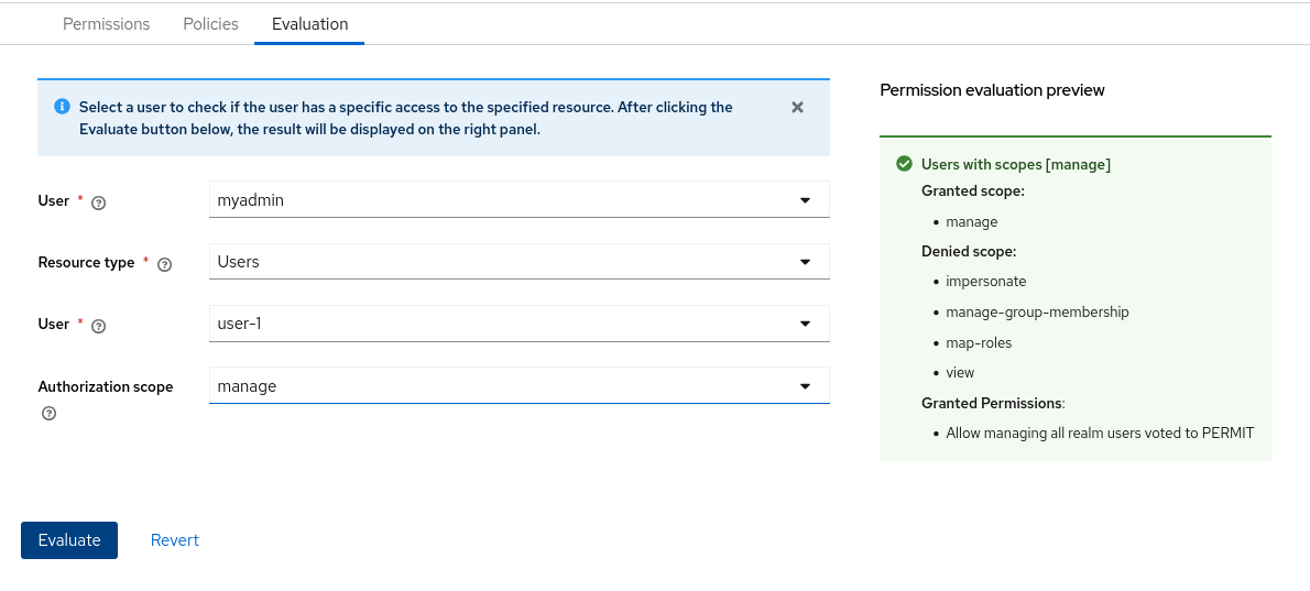 Fine grained permissions evaluation tab