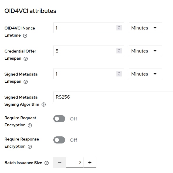OID4VCI Attributes section in Realm Settings Tokens tab