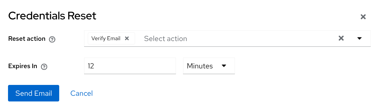 Credentials Reset dialog with Verify Email action selected