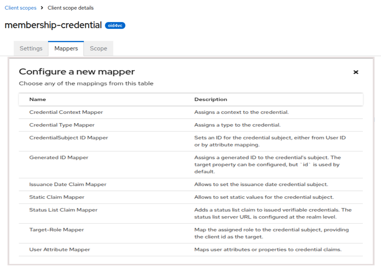 Available OID4VCI mapper type in the Add mapper dialog