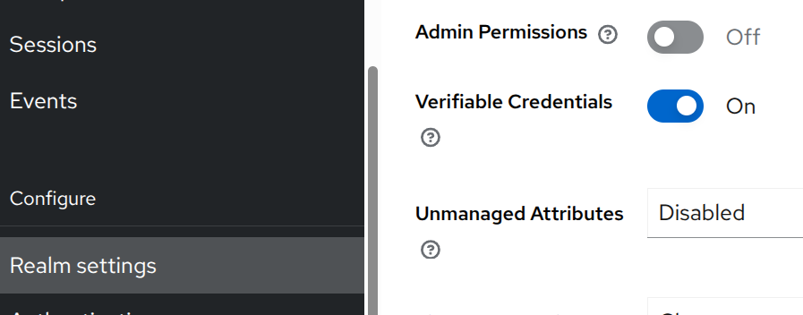 Enabling Verifiable Credentials switch in Realm Settings