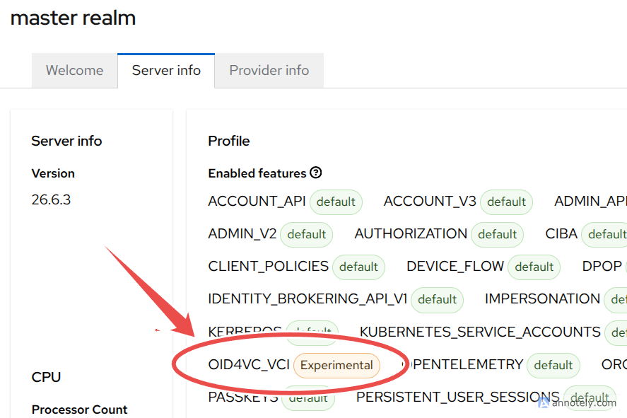 Enabled Features list showing OID4VC_VCI