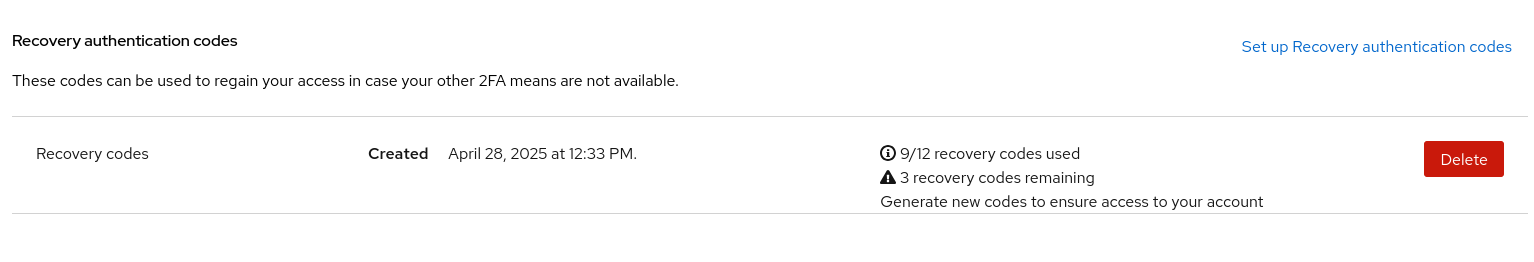 Recovery Codes Account console warning