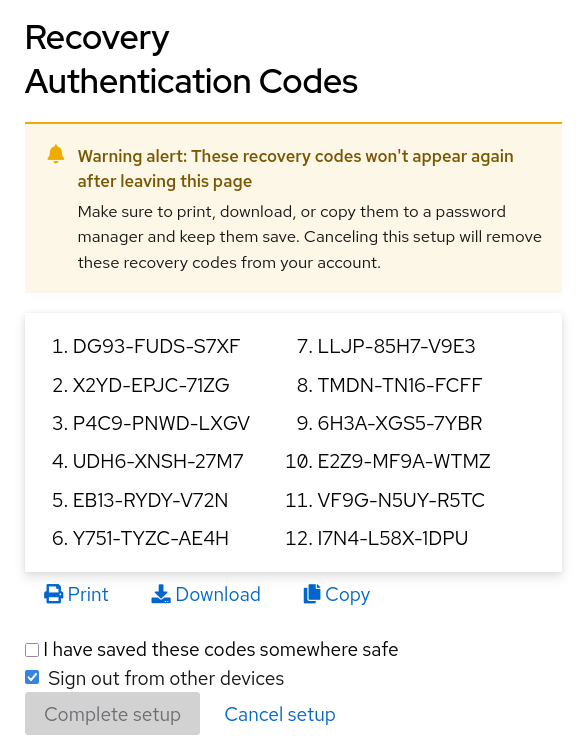 Recovery Authentication Codes setup page