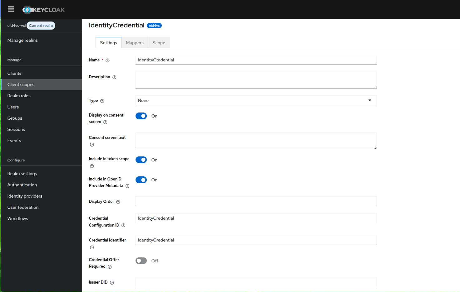IdentityCredential client scope configuration
