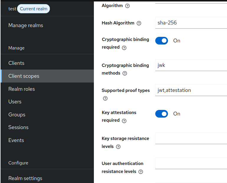 Client scope configuration for proofs