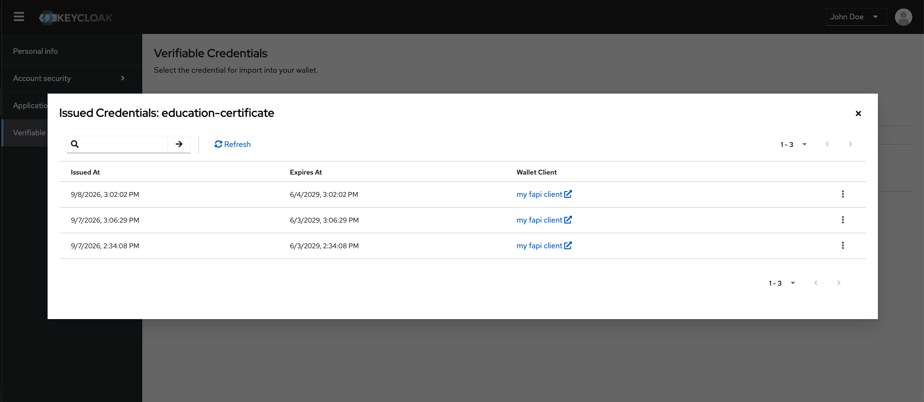Issued credentials modal showing individual credentials in the Account Console