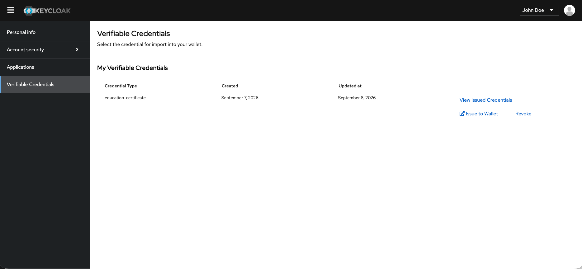 Verifiable Credentials page in the Account Console