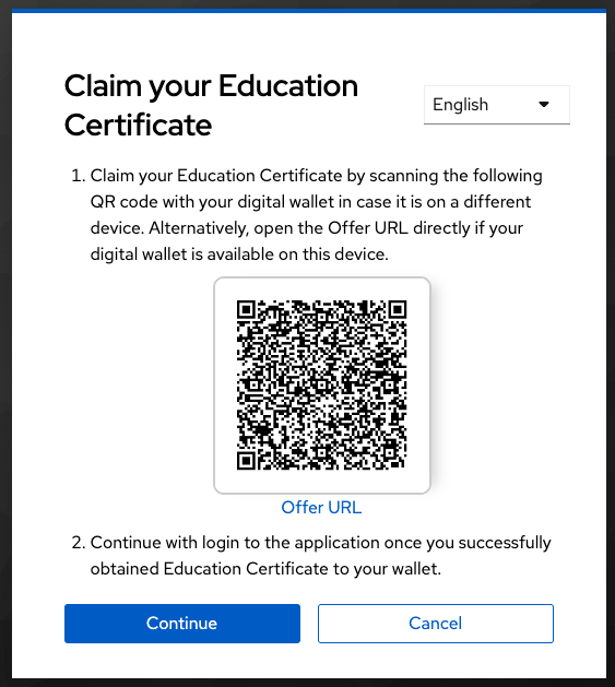 Credential offer page showing a QR code and an Offer URL link for claiming a verifiable credential