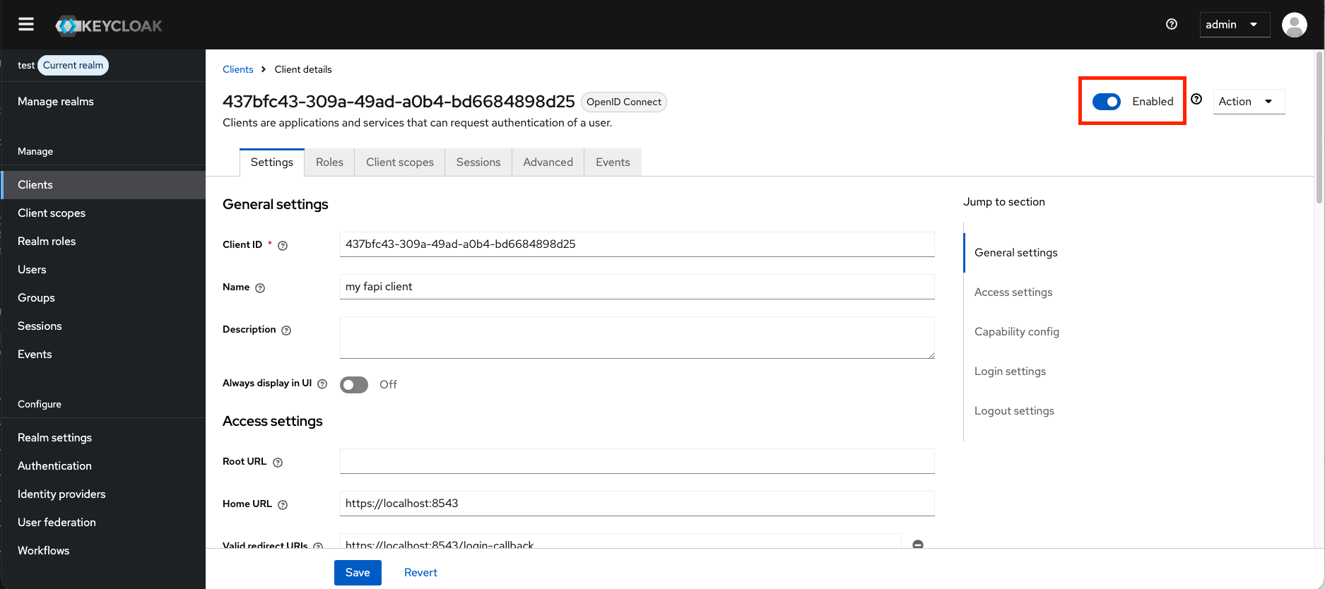 Client settings page with Enabled toggle