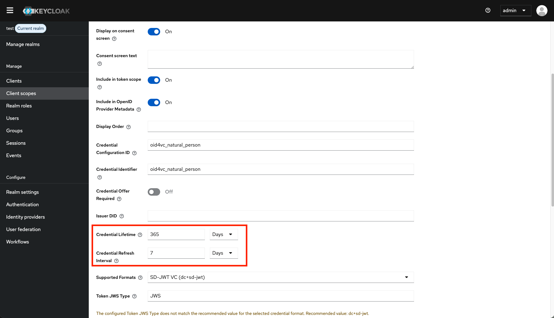 OID4VCI client scope configuration showing Credential Lifetime and Credential Refresh Interval fields