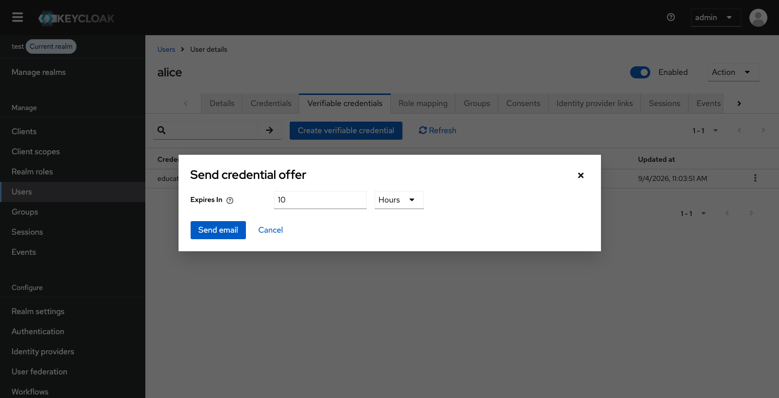 Send credential offer dialog showing a lifespan selector for configuring how long the email link remains valid