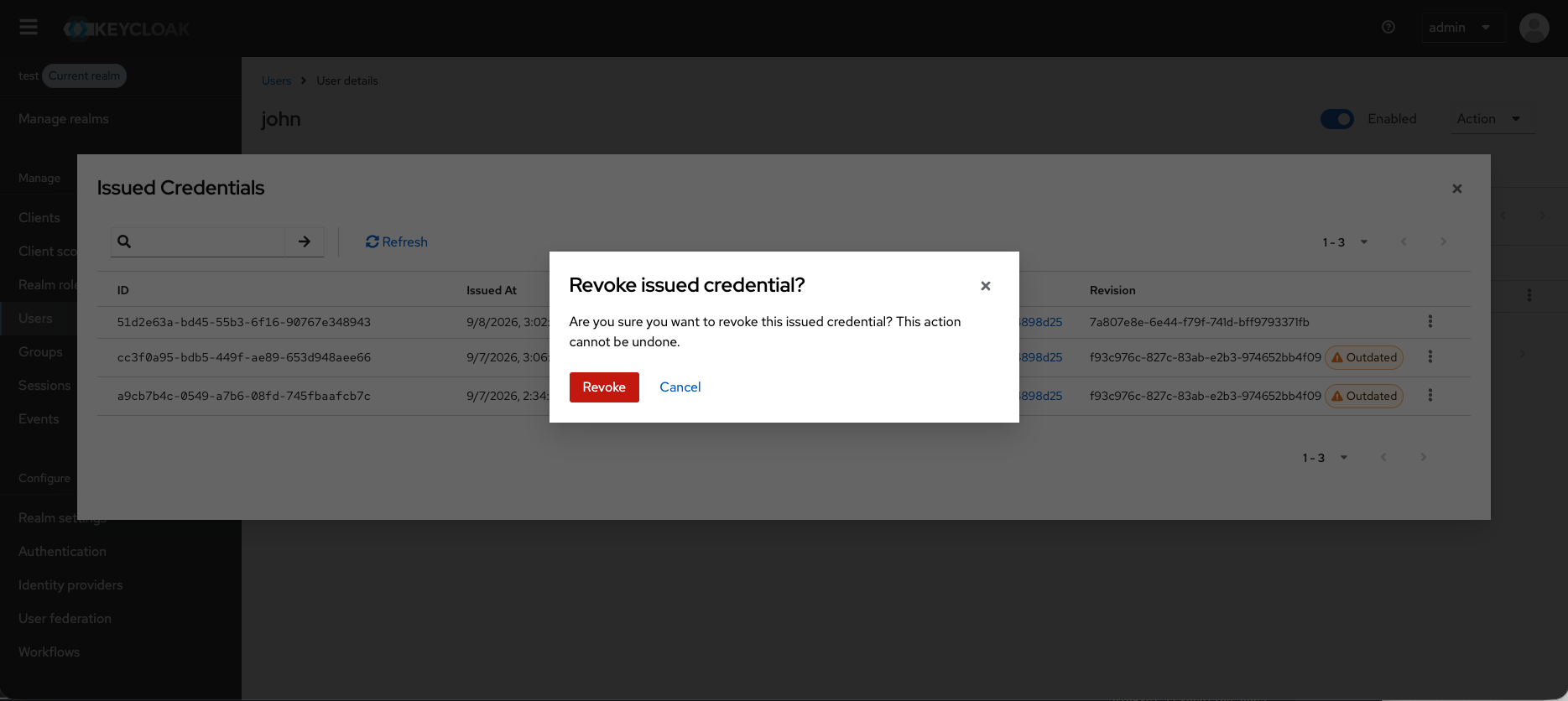 Confirmation dialog when revoking an individual issued credential