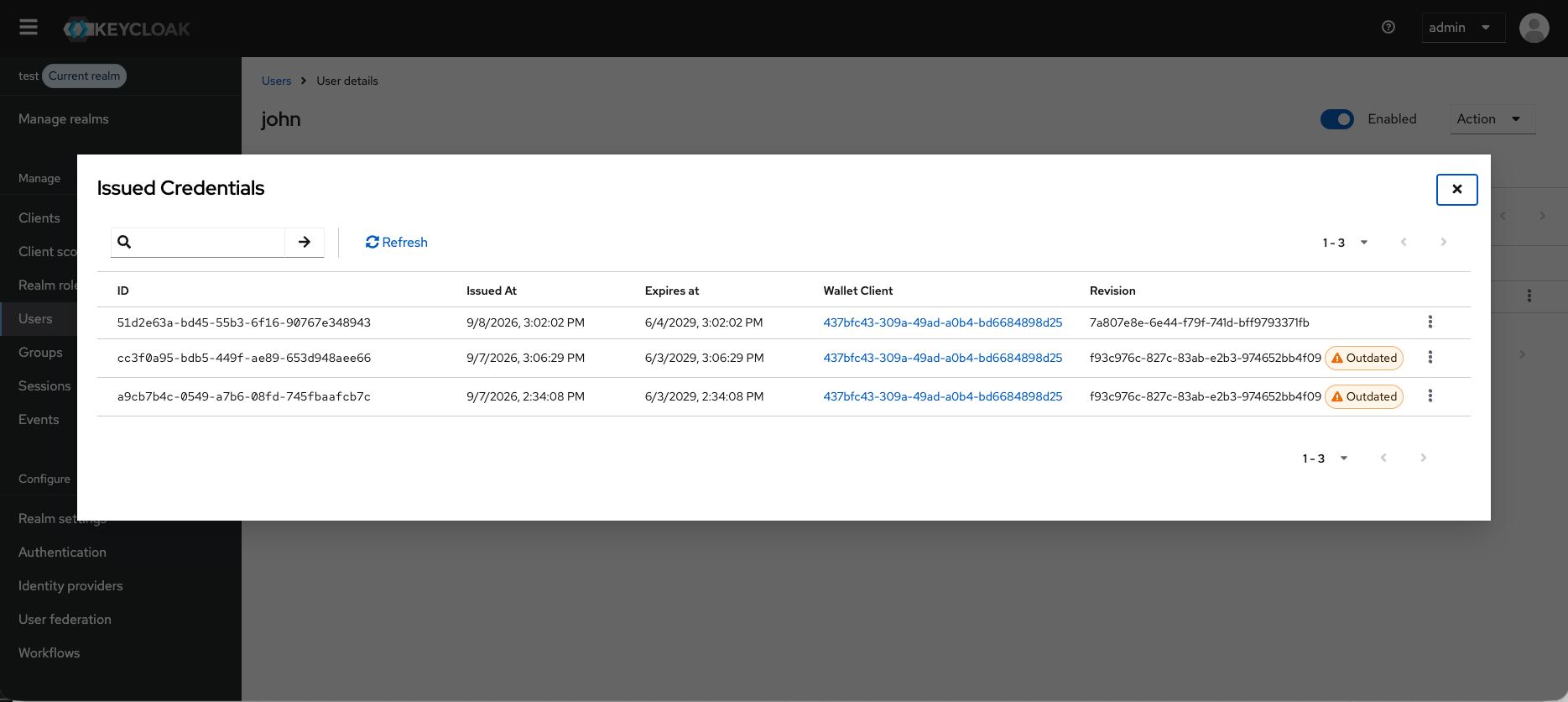 Individual issued credentials showing id and issuedAt and expiresAt and walletClient and revision