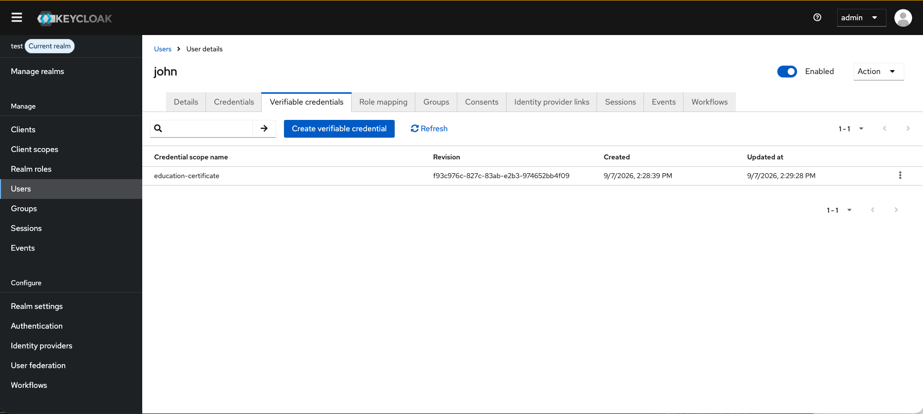 Verifiable Credentials tab on the user detail page