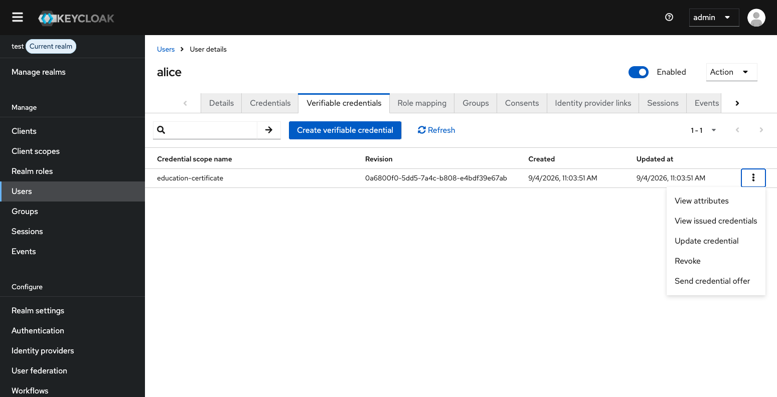 Admin Console showing the Verifiable Credentials tab for a user with a list of available credentials and a Send credential offer action