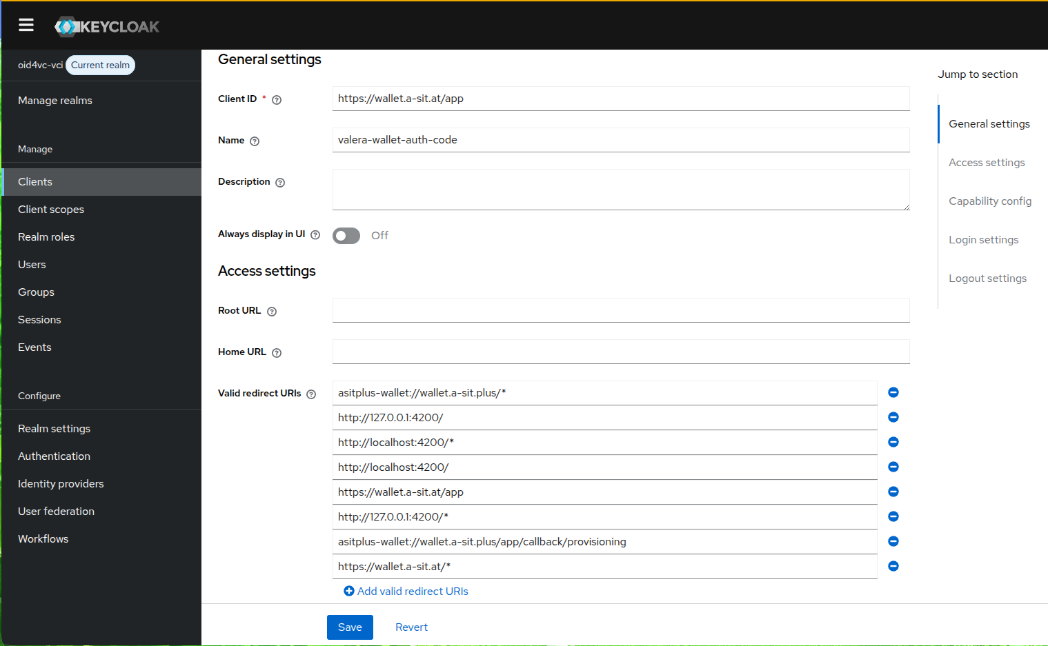 Valera wallet client configuration in the Admin Console