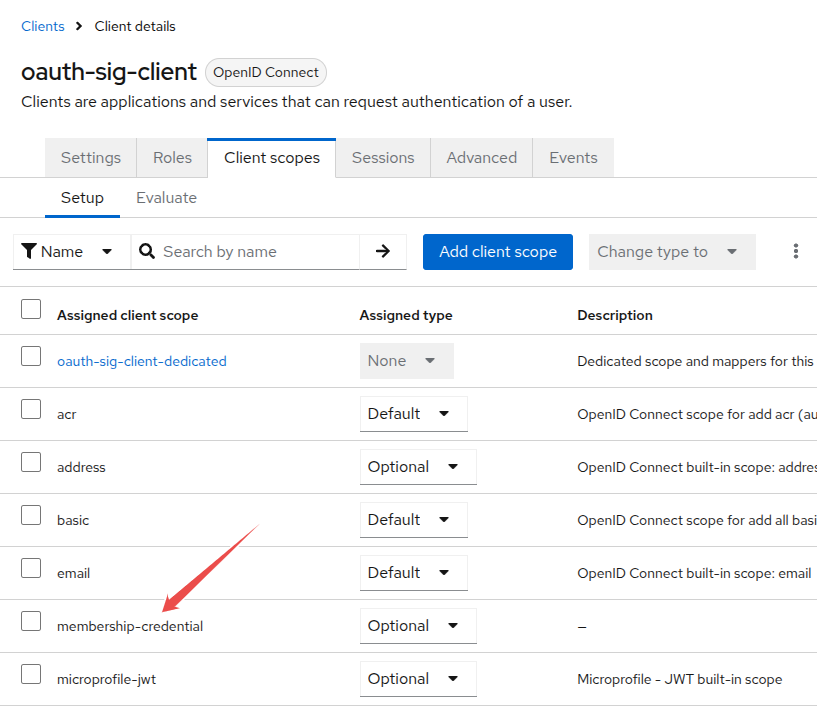 Assigning membership-credential client scope to the client