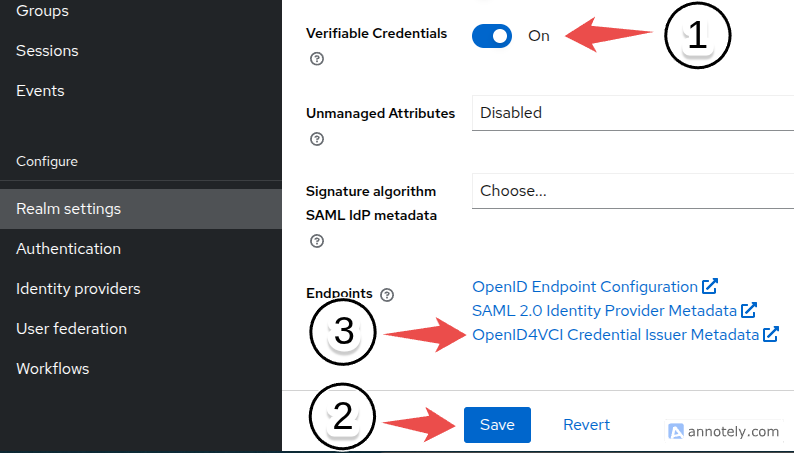 Enable Verifiable Credentials in Realm Settings