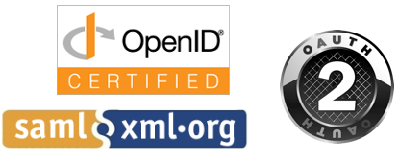 Logos of OpenID certification, SAML and OAuth 2.0