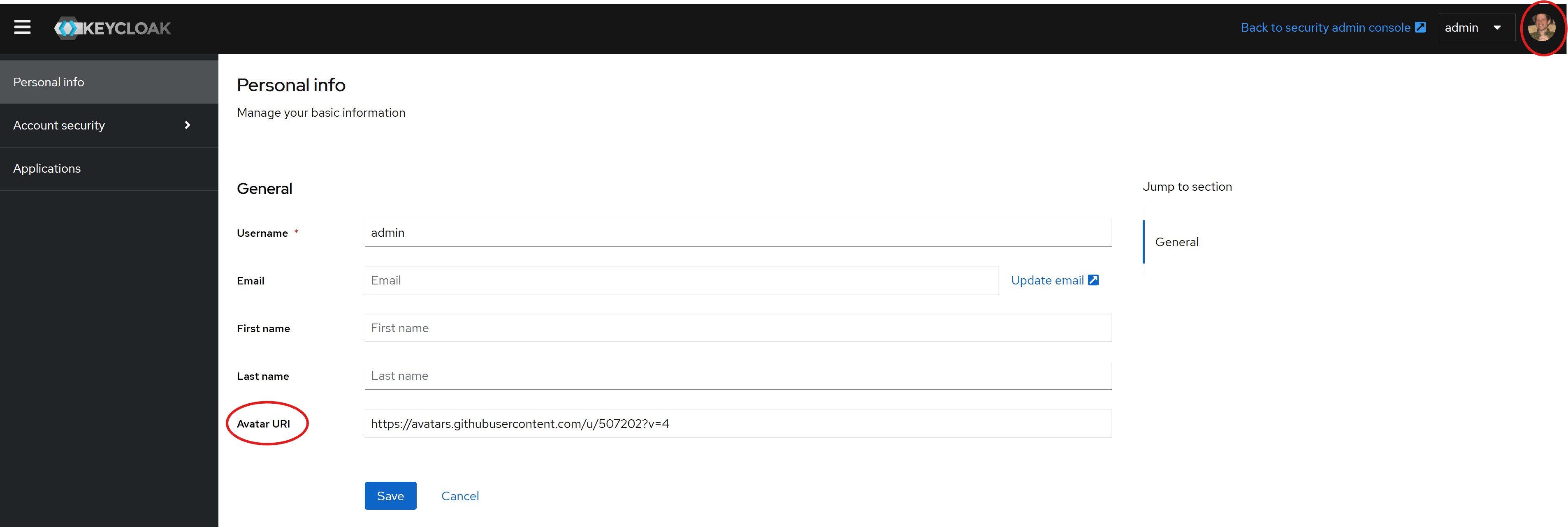 account console with avatar